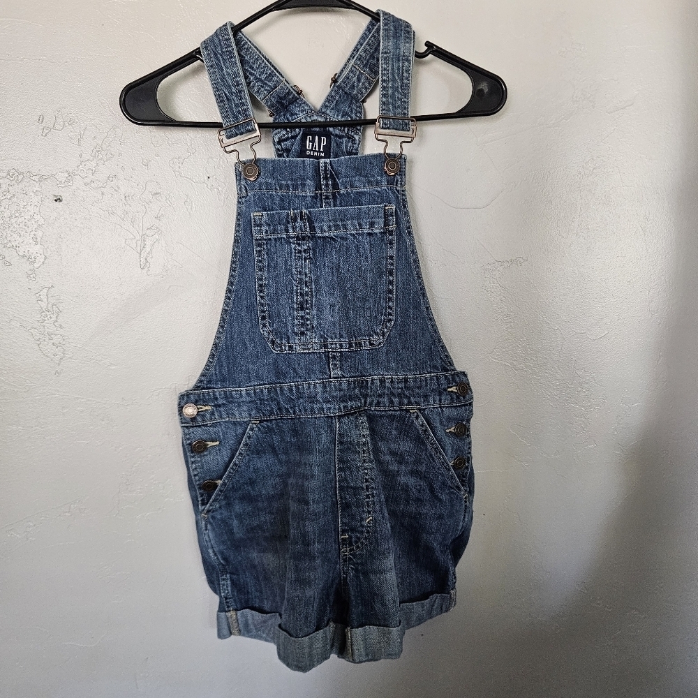 GAP Denim Overalls Women's XS Medium Wash Jeans Shortalls Cuffed Hem